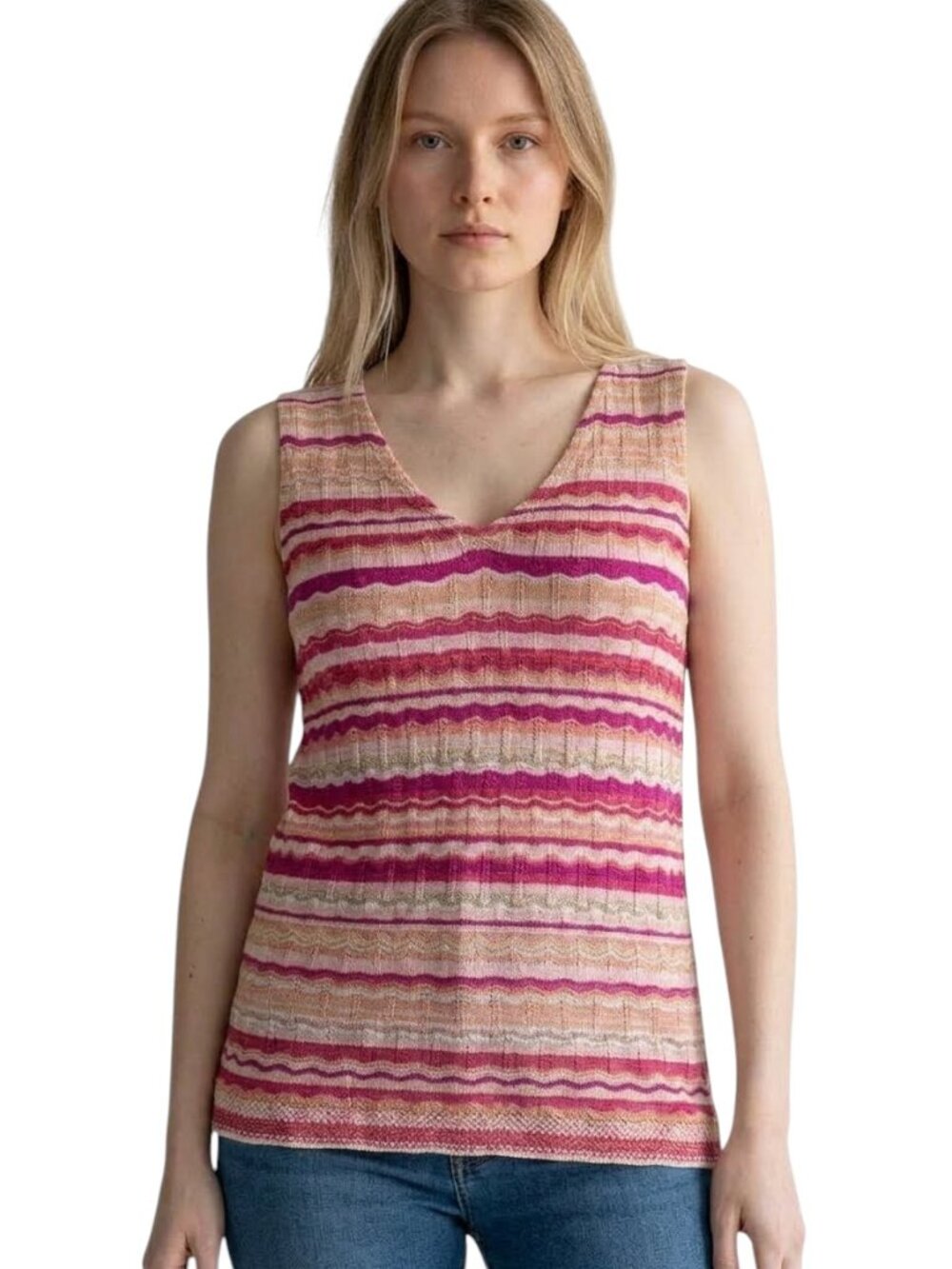 CHICO'S Multicolored Striped Textured Knit V-Neck Tank Top - Size Medium